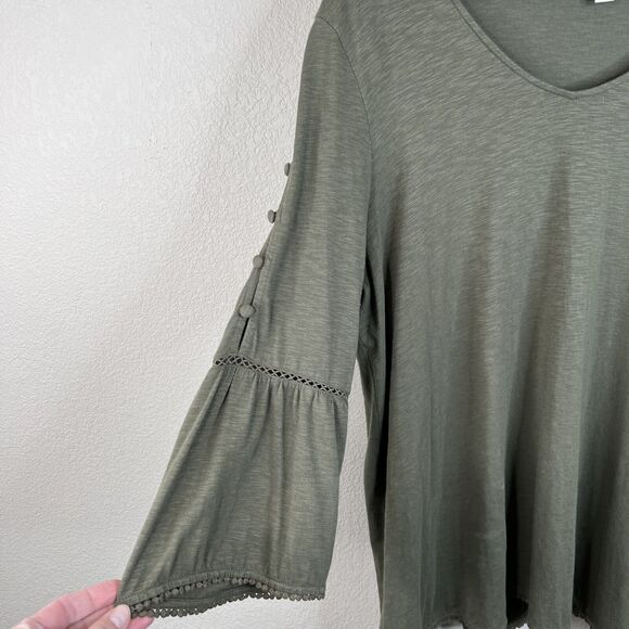 J. Jill Top Women's Large Green 3/4 Sleeve‎ Button Accent Boho Peasant Cotton - Picture 2 of 16